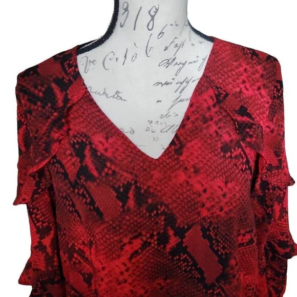 Calvin Klein Ladies Size Small Red Black V-Neck Python Print Long Sleeve Blouse - Picture 2 of 6